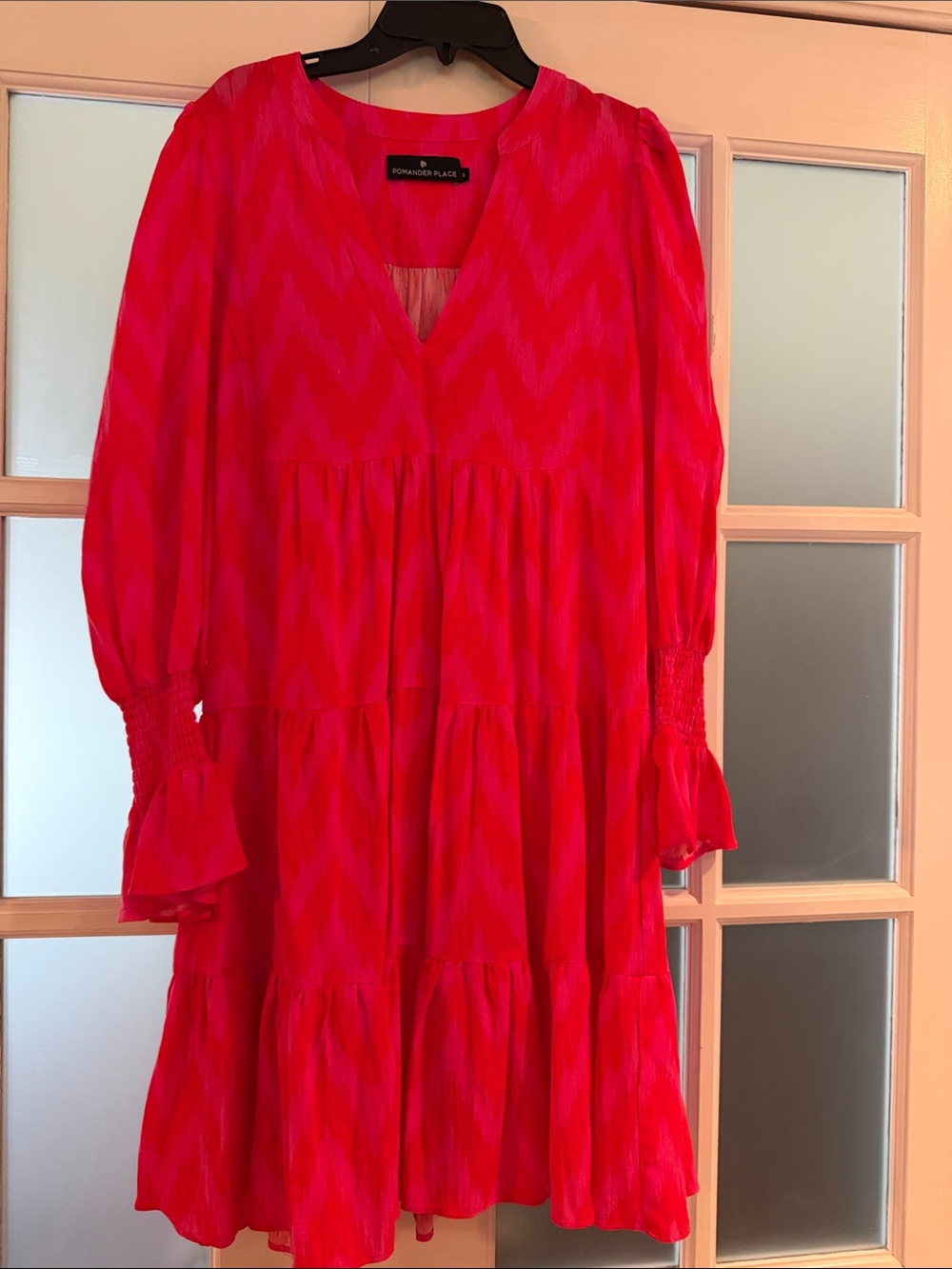 Pomander Place Hot Pink Chevron Tiered V-Neck Dress